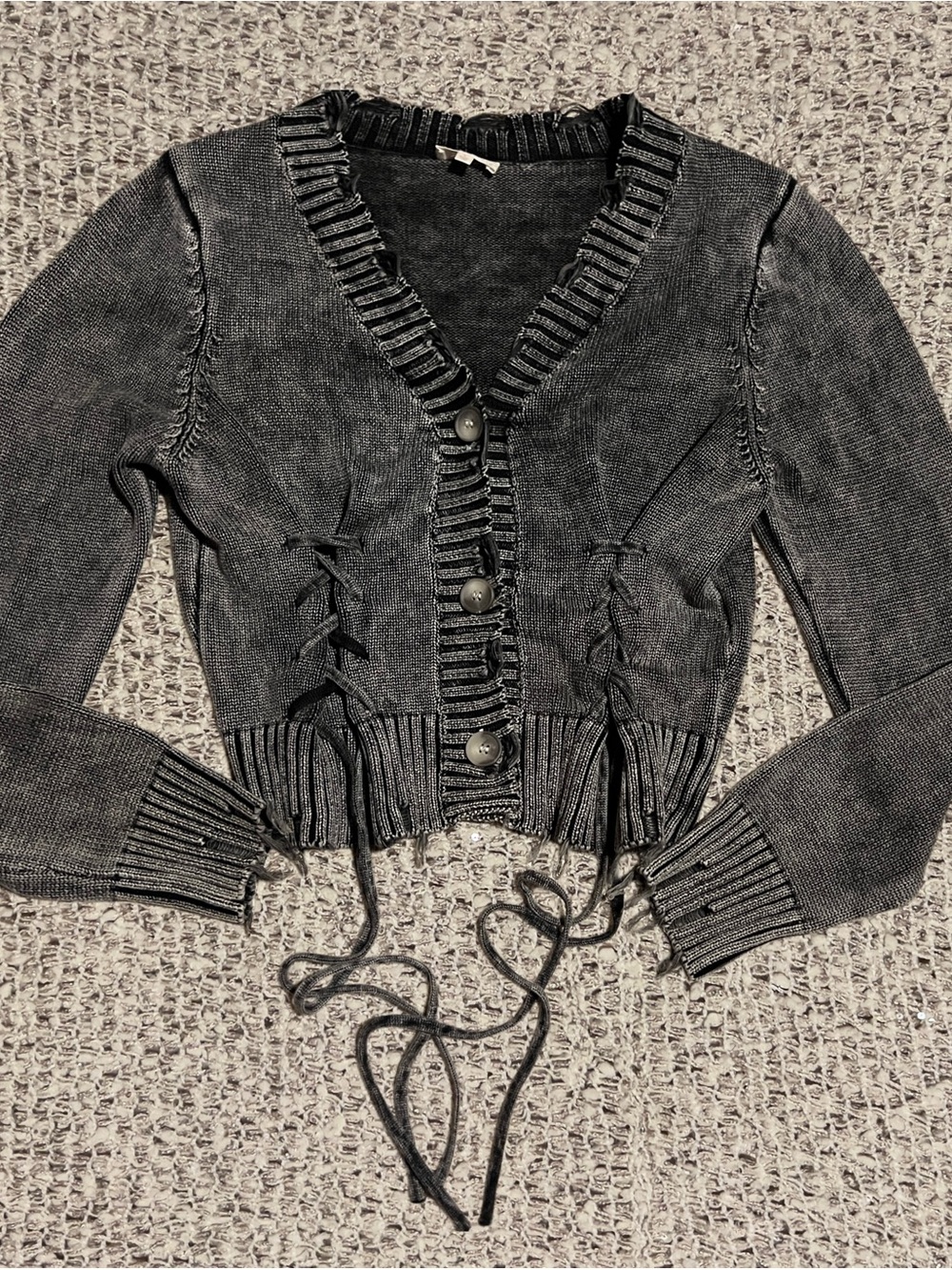 Mystree Charcoal Ribbed V-Neck Lace-Up Button Cardigan